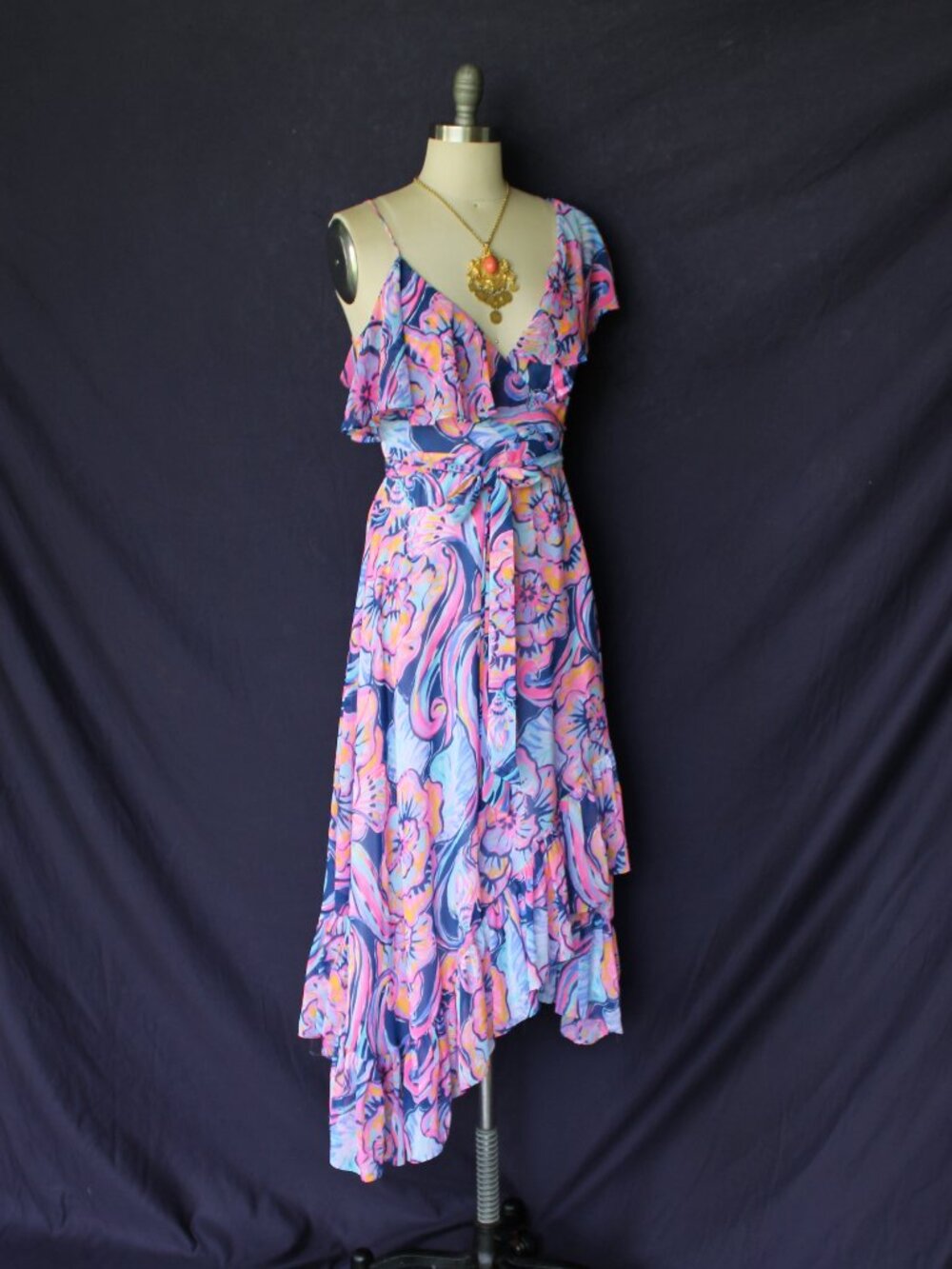 Lilly Pulitzer Marianna Wrap midi Dress Nauti Navy Boho Bateau Floral ruffle S - Picture 8 of 12